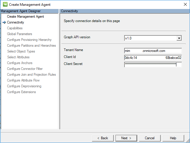 Screenshot showing the Graph A P I version selected and a Next button.