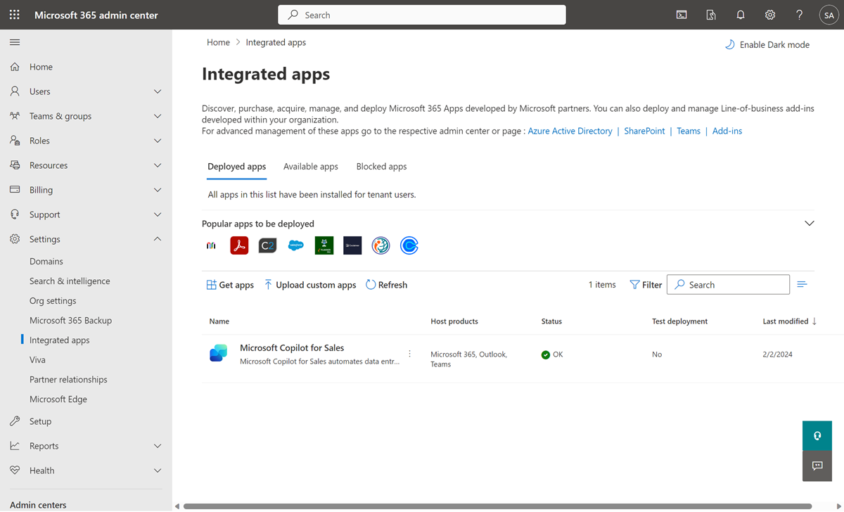 Skjermbilde som viser Copilot for salg installert som et tilleggsprogram for Outlook.