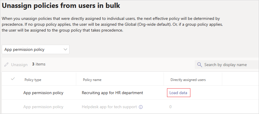 Screenshot of the bulk unassign policies page with the load data option.