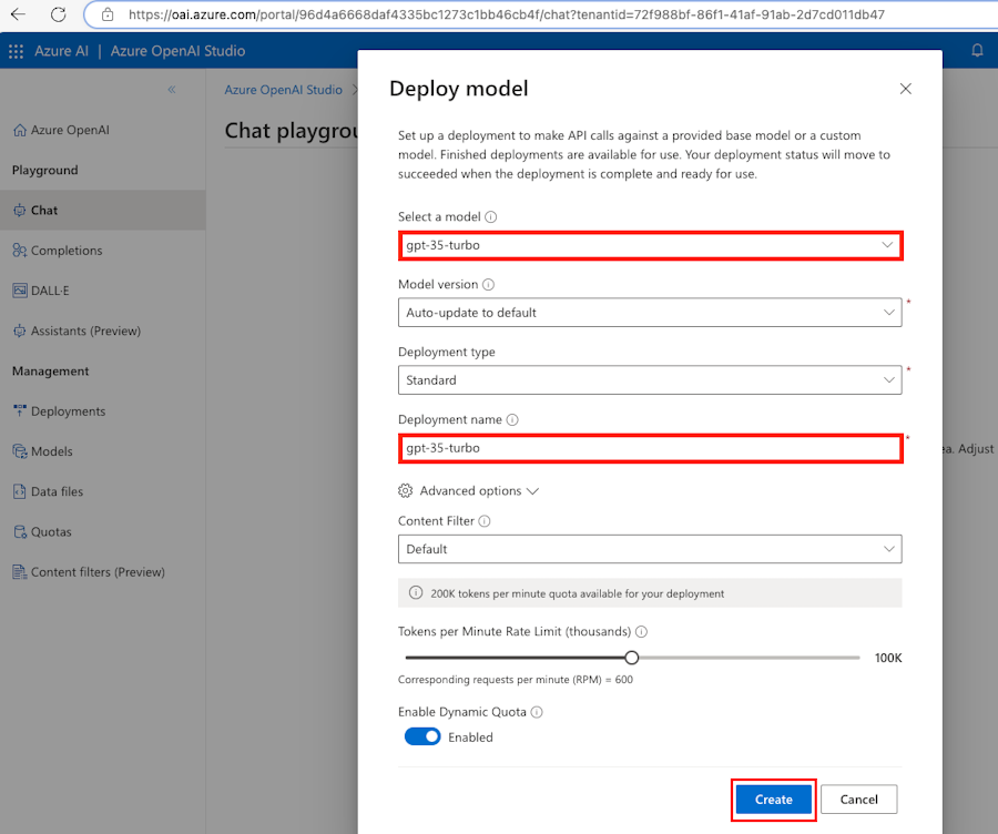 Screenshot shows the new deploy model in Azure portal.