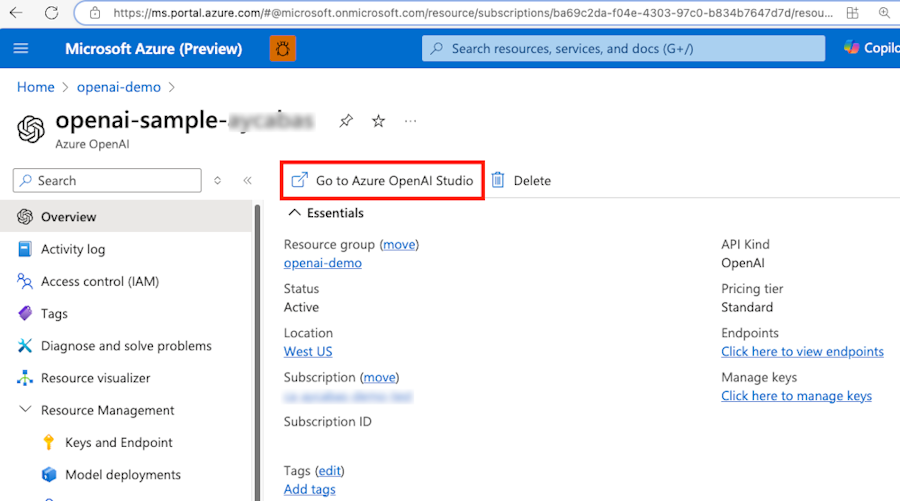 Screenshot shows the go to Azure OpenAI studio in Azure portal.