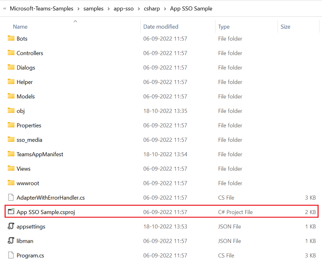 Screenshot of Project file with App SSO Sample.csproj file highlighted in red.