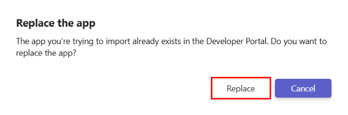 Screenshot shows the option to replace an existing app when you import an app in Developer Portal.