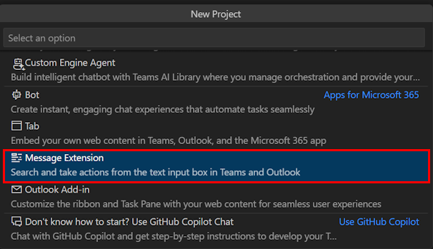 Screenshot shows the message extension option in Teams Toolkit.