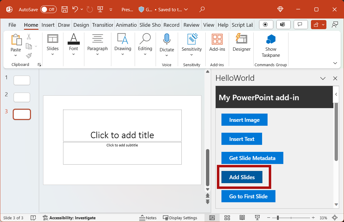The Add Slides button highlighted in the add-in.