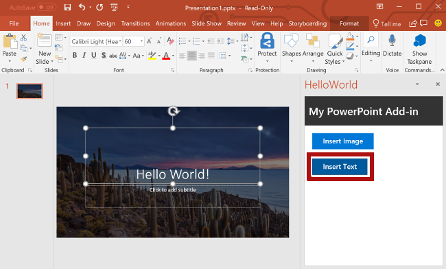 The selected PowerPoint title slide with the Insert Text button highlighted in the add-in.