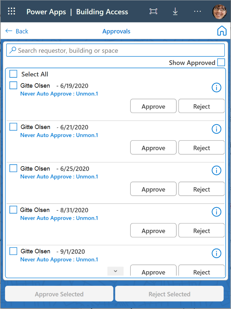 Skjermbilde av godkjenninger i Building Access-appen.