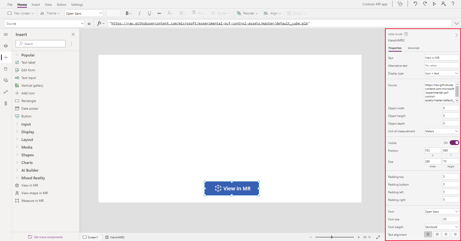 Et skjermbilde av knappen View in MR som er under bygging i Microsoft Power Apps Studio, og vises sammen med egenskapene for den.
