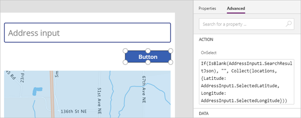 Et skjermbilde av knappen som er under bygging i Power Apps Studio, vist med egenskapen OnSelect.