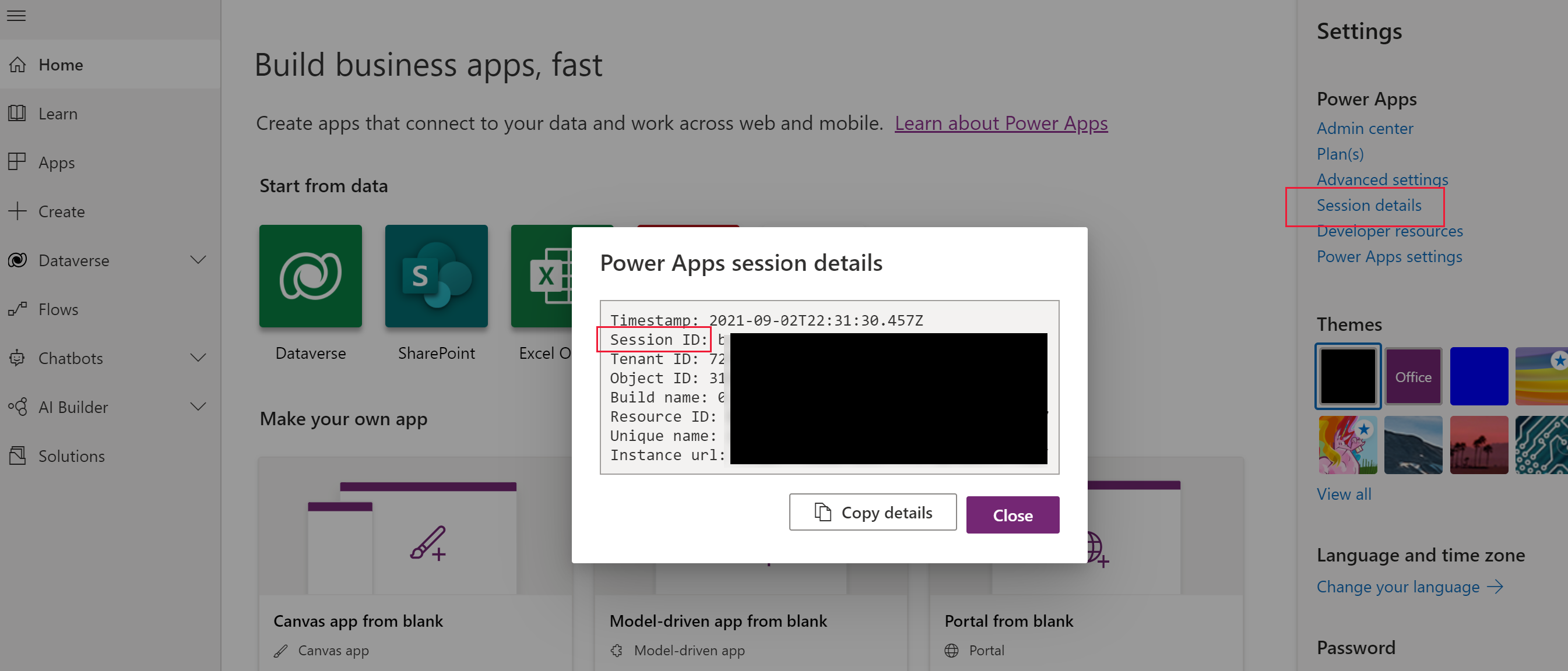 Øktdetaljer fra Power Apps-området