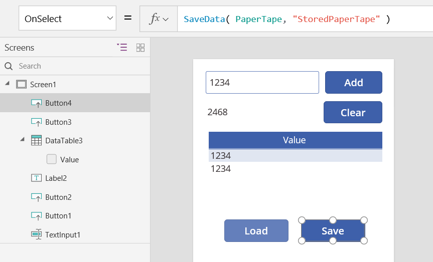 OnSelect-egenskapen* for Save-knappen.