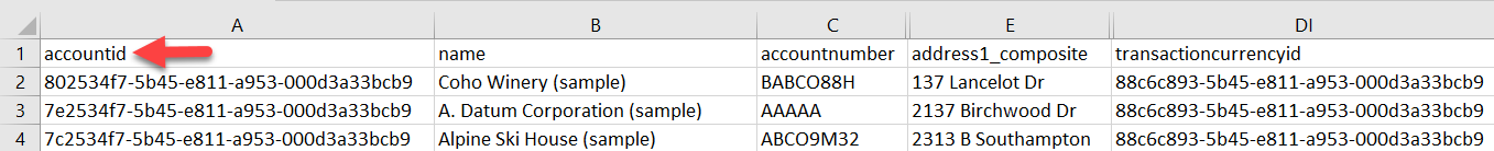 Eksempel på eksportfil fra en Konto-tabell som viser accountid som primærnøkkel.