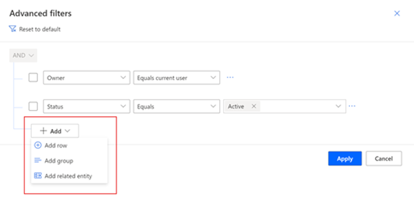 Et skjermbilde av redigeringsprogrammet for visningsfilter som viser alternativer for radtillegging.