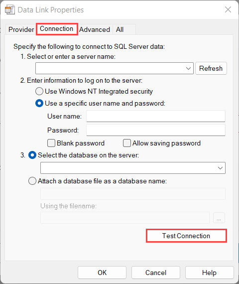 Skjermbilde av fanen Tilkobling for datakoblingsegenskaper.