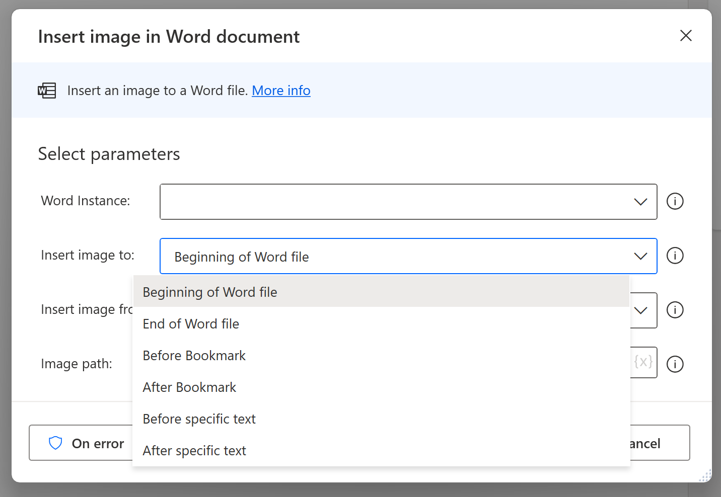 Skjermbilde av handling for å sette inn et bilde i en Word-forekomst