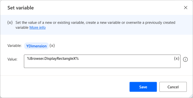 Skjermbilde av uttrykket %Browser.DisplayRectangleY% i en Angi variabel-handling.