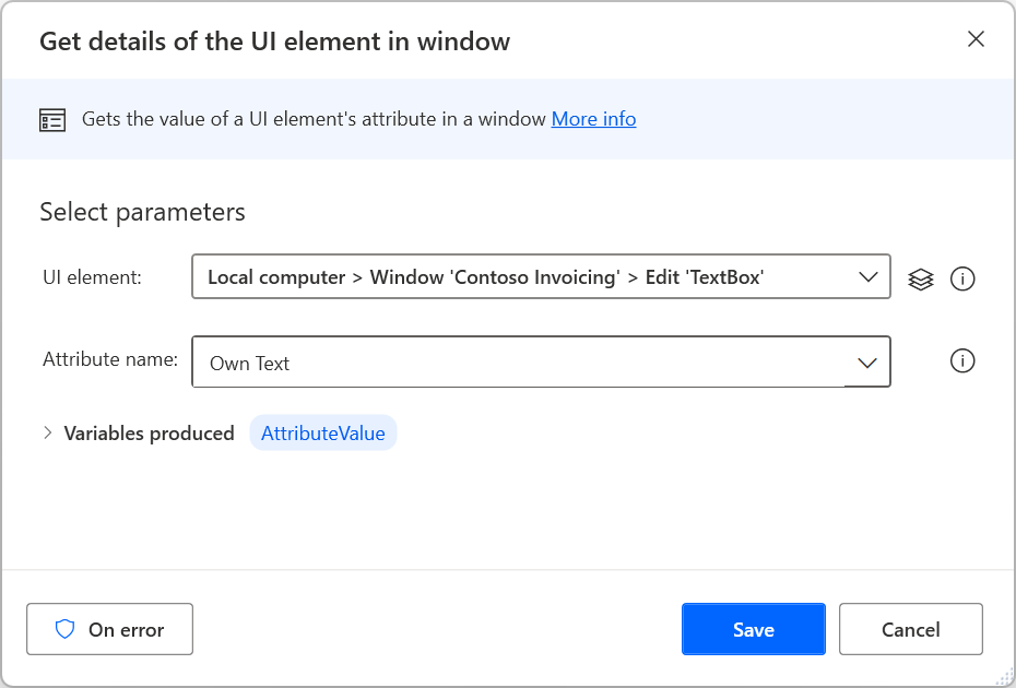 Skjermbilde av handlingen Hent detaljer om et UI-element i vindu.