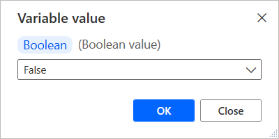 Skjermbilde av boolsk variabel som endres i variabelvisningen.