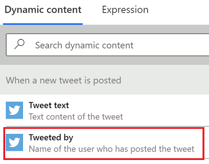 [Skjermbilde av tilføying av det dynamiske innholdet for Tweetet av.