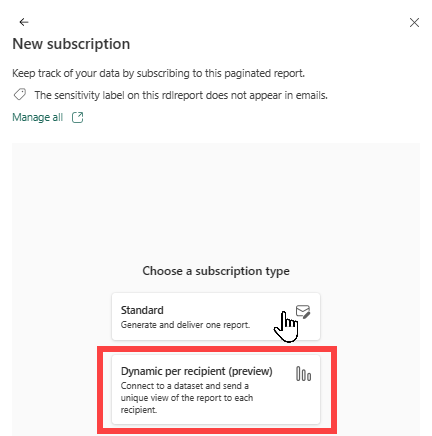 Skjermbilde av Power Bi-tjeneste som viser skjermbildet Nye abonnementer og alternativet dynamisk per mottaker.