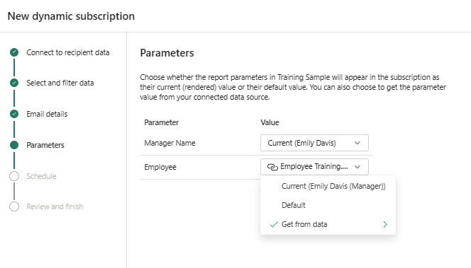 Skjermbilde av Power Bi-tjeneste som viser dynamiske parameteralternativer i parametervinduet.