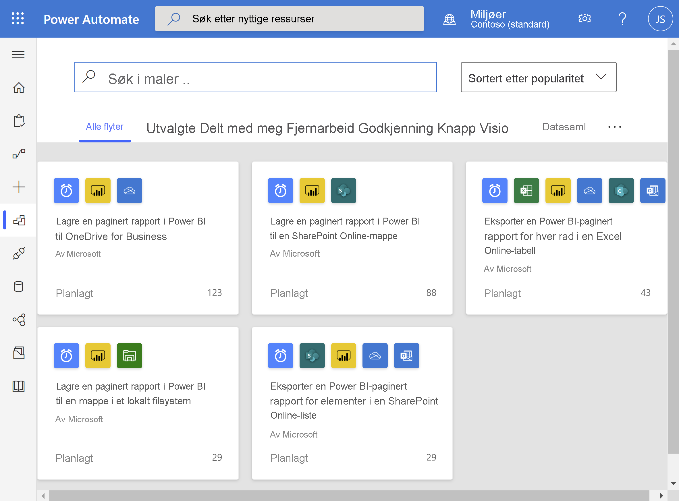 skjermbilde som viser Power Automate-malene for sideformaterte Power BI-rapporter.