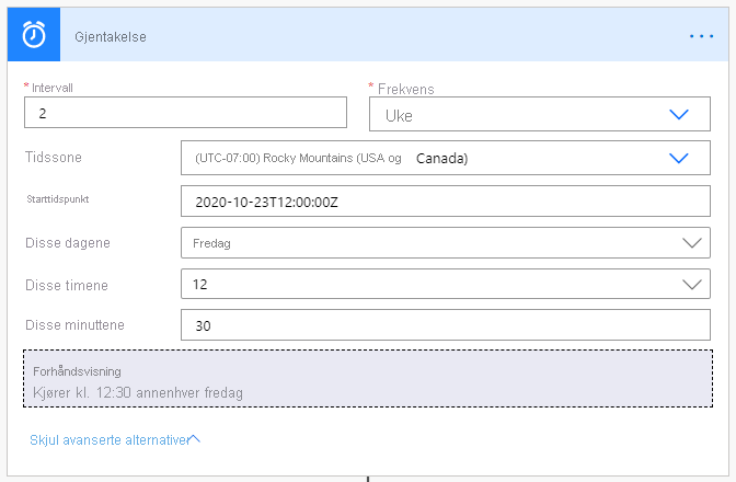 Screenshot that shows the advanced options for setting the recurrence.