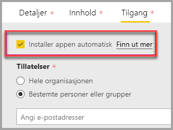 Skjermbilde av administrasjonsportalen for Power BI med Installer-appen automatisk valgt.