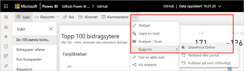 Skjermbilde som viser Flere alternativer-menyen med SharePoint Online uthevet.