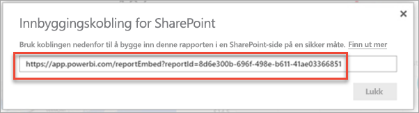 Skjermbilde av dialogboksen Bygg inn kobling med rapportkoblingen uthevet.