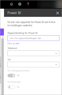 Skjermbilde av de nye webdelegenskapene for SharePoint med Power BI-rapportkoblingen uthevet.