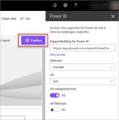 Skjermbilde av power bi-rapportkoblingen som viser publiseringsalternativet som er valgt.