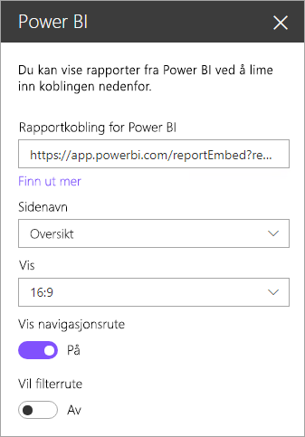 Skjermbilde av dialogboksen Egenskaper for den nye webdelen i SharePoint med power BI-rapportkoblingen uthevet.