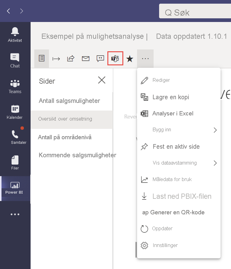 Skjermbilde av eksempelrapporten for mulighetsanalyse i Microsoft Teams-appen med inntektsoversikten vist og del-alternativet valgt.