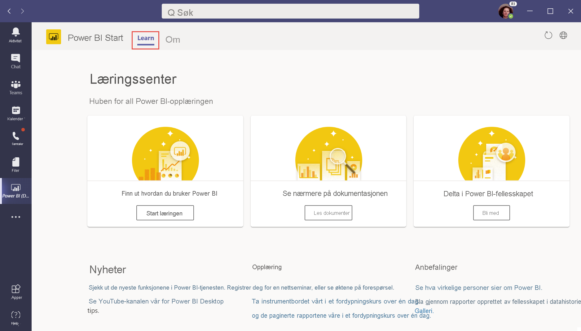 Skjermbilde av læringssenteret i Power BI-appen i Microsoft Teams. Finn ut-fanen er valgt i Teams og Power BI-navigasjonsruten.