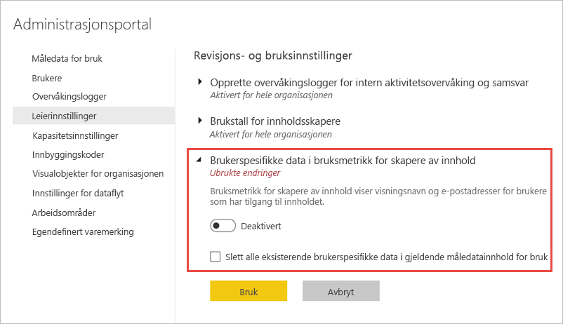 Skjermbilde av deaktivering av per bruker-måledata.