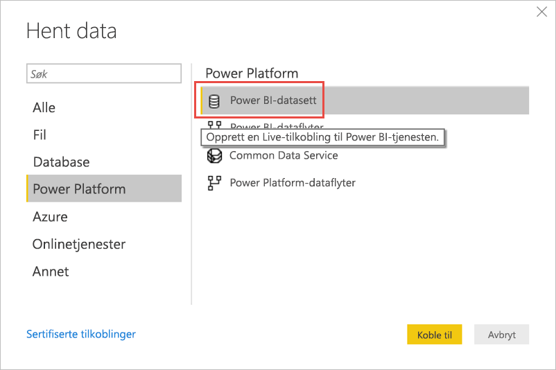 Skjermbilde av hvordan du henter data fra semantiske Power BI-modeller.