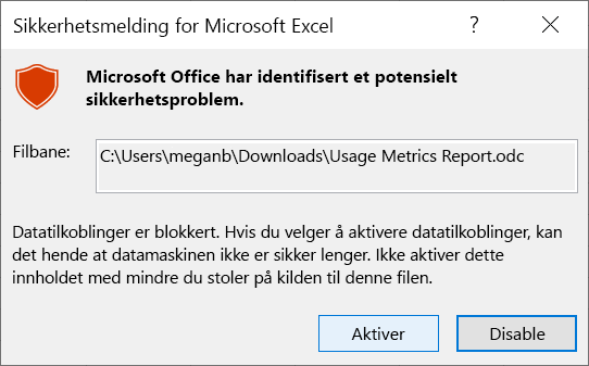 Skjermbilde av Excel-sikkerhetsvarsel.