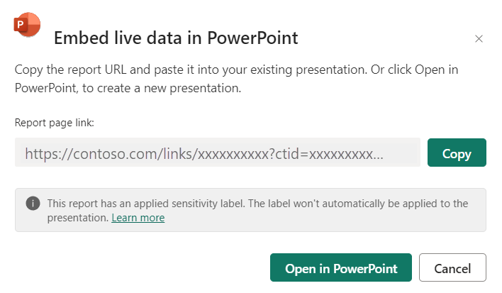 Skjermbilde som viser innebygging av live-data i powerpoint-dialogvinduet.