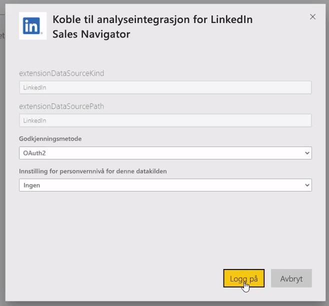 Skjermbilde som viser en dialogboks der du kan logge på for å koble til LinkedIn.