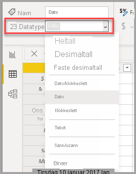 skjermbilde av tabellvisning, som viser rullegardinlisten for datatype.