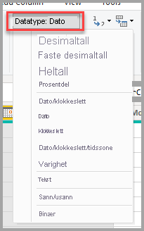 skjermbilde av redigeringsprogrammet for Power Query, som viser rullegardinlisten for datatype.