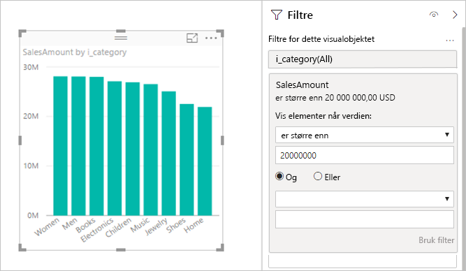 Skjermbilde som viser mål som inneholder filtre