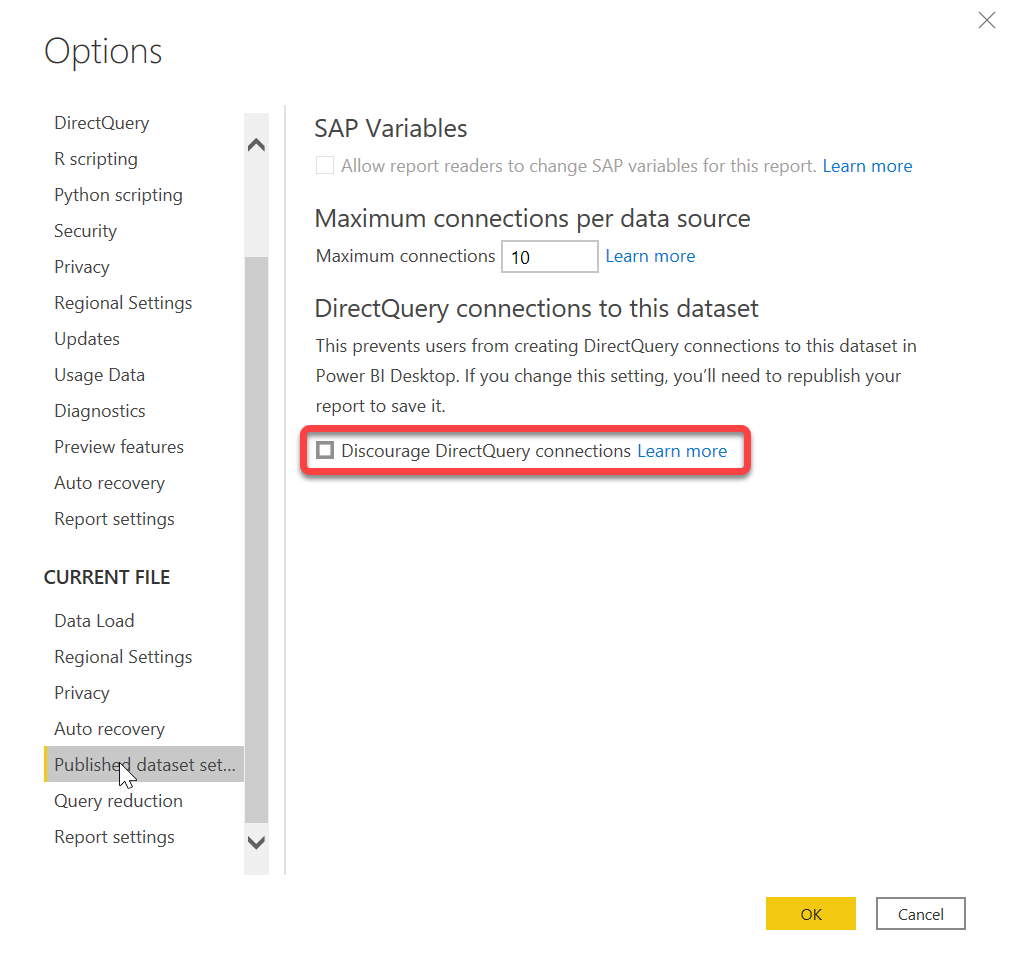 Screenshot of the Discourage DirectQuery connections setting in Power BI Desktop Options menu.