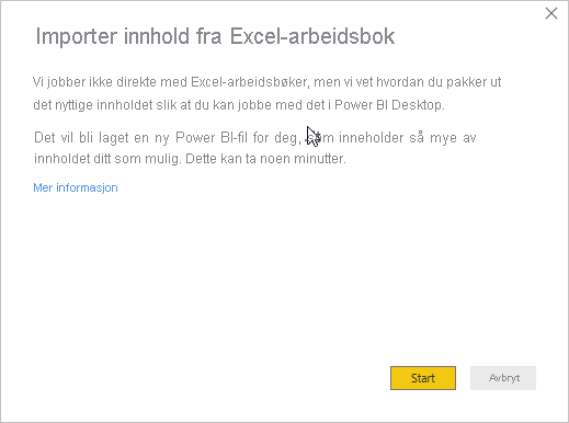 Skjermbilde som viser innholdsmeldingen Importer Excel-arbeidsbok.