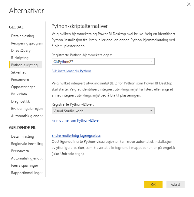 Screenshot of the Options dialog, showing Visual Studio Code entered in the Detected Python IDE field.