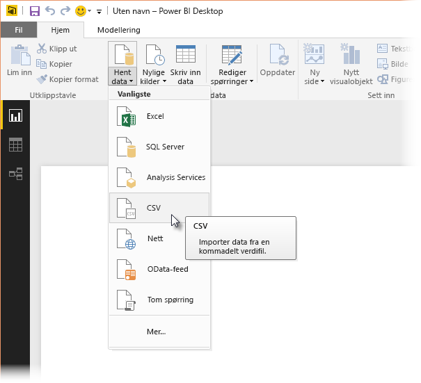 Screenshot of the Get Data ribbon in Power BI Desktop, showing the CSV selection.