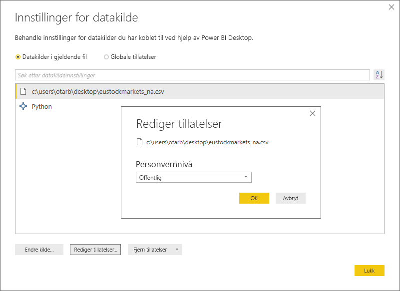 Screenshot of the Data source settings dialog, showing the Privacy Level is set to Public.