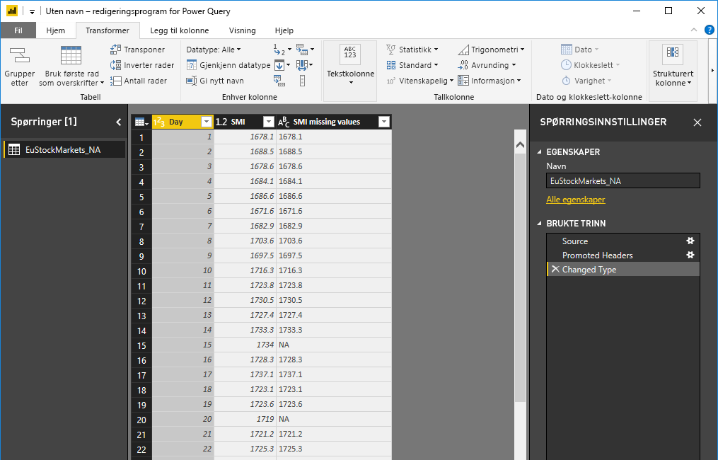 Screenshot of the Transform tab, showing rows of data.