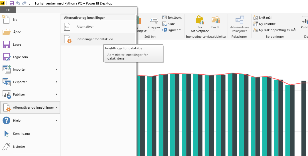 Screenshot of the File menu in Power BI Desktop, showing the Data source settings selection.